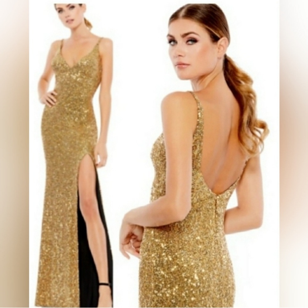 Mac Duggal NEW Gold Scoop Back Sequin Gown Dress Size 12 #67717